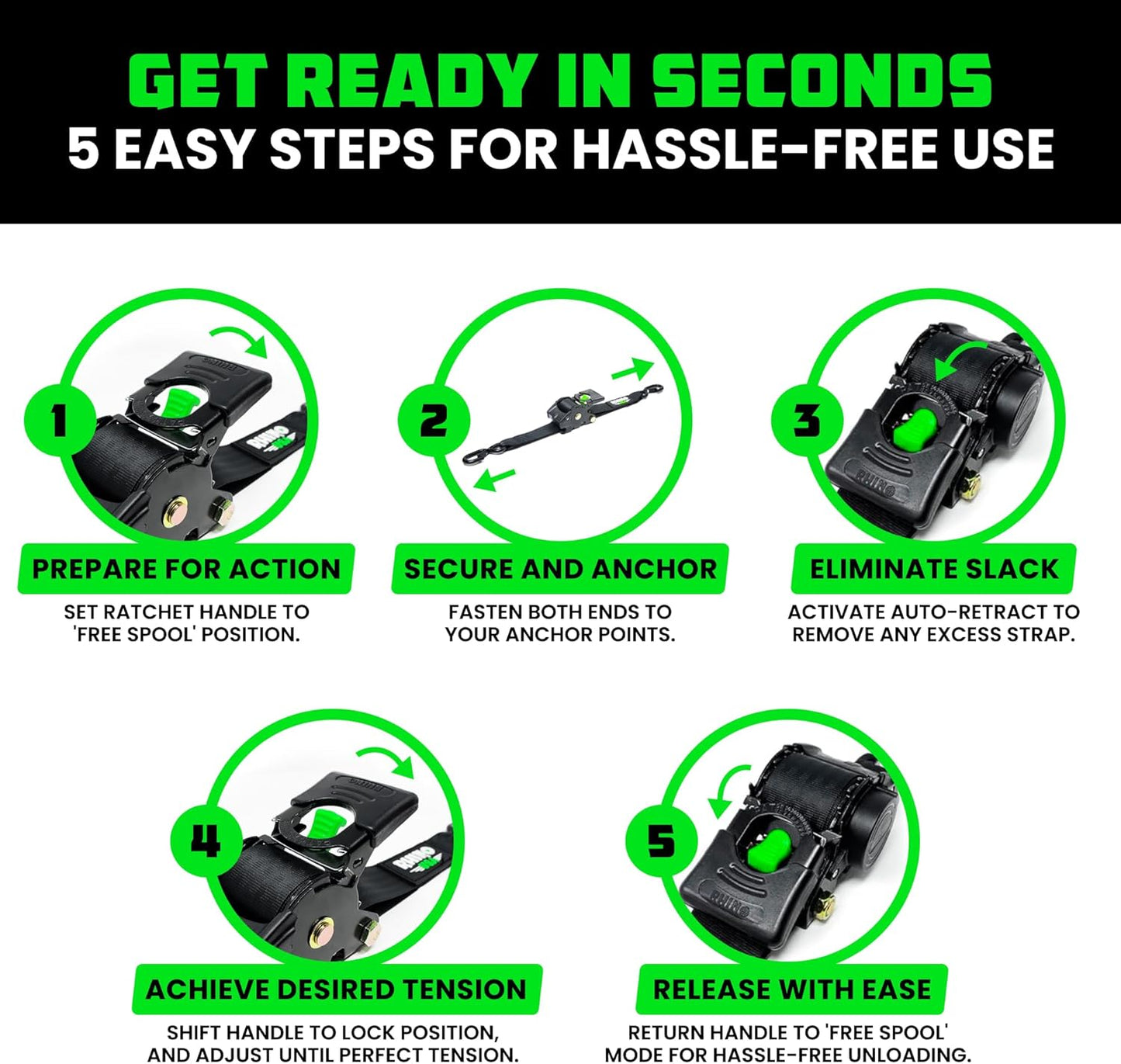 Retractable Ratchet Straps (4-Pack) - 1 Inch X 10 Feet (1,209Lb Break Strength) - Auto Self Retracting Tie down Straps for Truck, Cargo Trailer, Motorcycle, ATV, UTV - Black