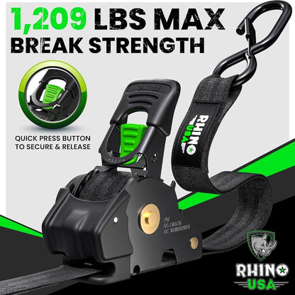 Retractable Ratchet Straps (4-Pack) - 1 Inch X 10 Feet (1,209Lb Break Strength) - Auto Self Retracting Tie down Straps for Truck, Cargo Trailer, Motorcycle, ATV, UTV - Black