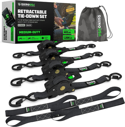 Retractable Ratchet Straps (4-Pack) - 1 Inch X 10 Feet (1,209Lb Break Strength) - Auto Self Retracting Tie down Straps for Truck, Cargo Trailer, Motorcycle, ATV, UTV - Black