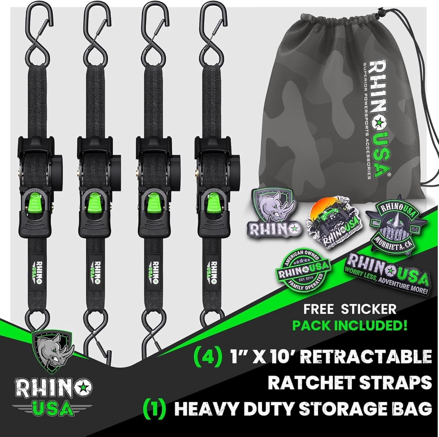 Retractable Ratchet Straps (4-Pack) - 1 Inch X 10 Feet (1,209Lb Break Strength) - Auto Self Retracting Tie down Straps for Truck, Cargo Trailer, Motorcycle, ATV, UTV - Black